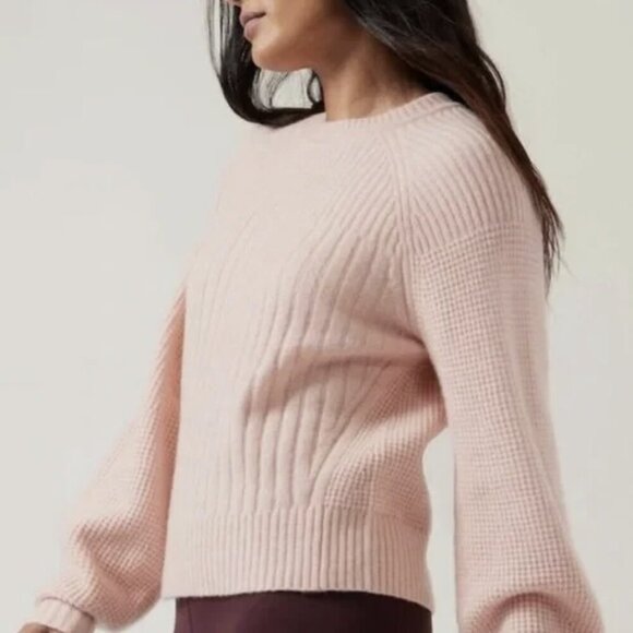 Athleta Womens Merino Wool Puff Sleeve Rib Knit Sweater Pink Size M NWT - Picture 2 of 9